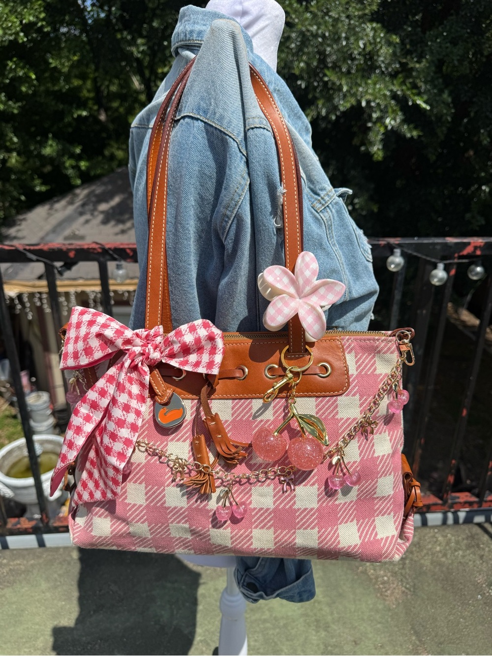 Dooney & Bourke Pink Gingham Shoulder Bag with Brown Trim